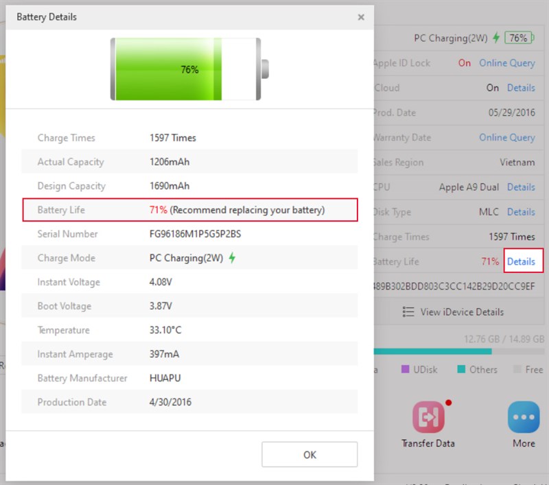 Kiểm tra bằng phần mềm 3uTools